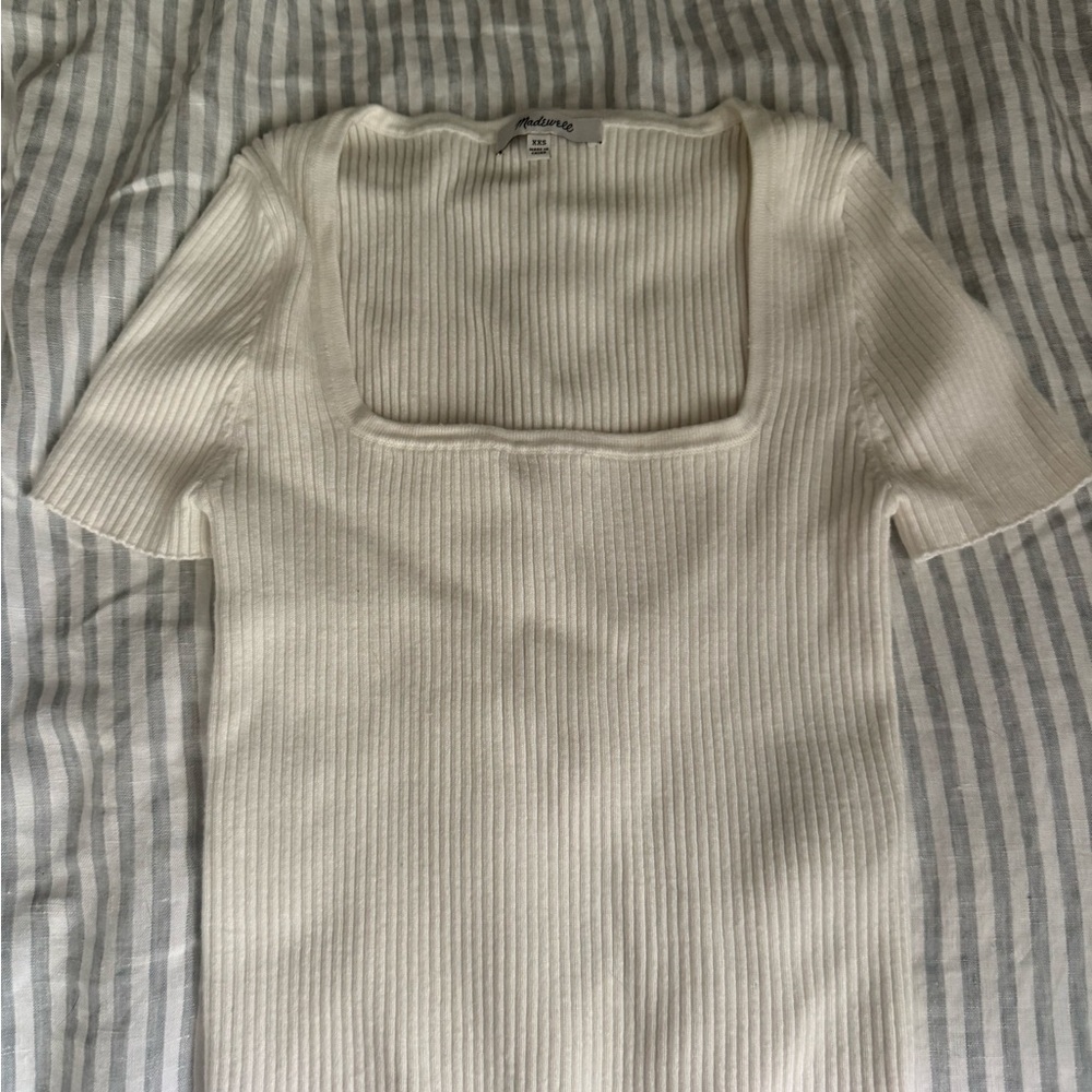 Madewell White Ribbed Fitted Blouse